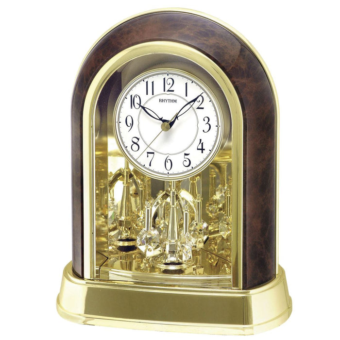 Rhythm Contemporary Wood Effect Swarovski Pendulum Arched Case Mantel Clock
