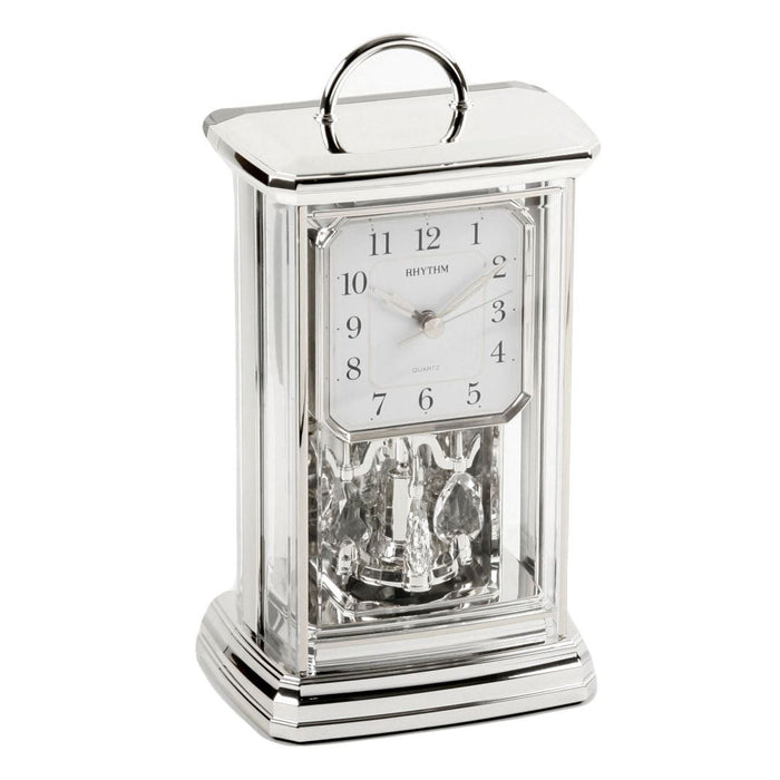 Rhythm Silver Effect Swarovski Crystals Pendulum Oblong Case Mantel Clock