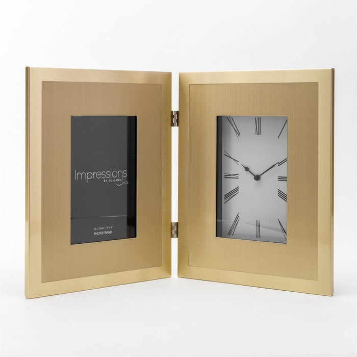 Widdop Double Aluminium Gold  4" x 6" Photo Frame & Clock